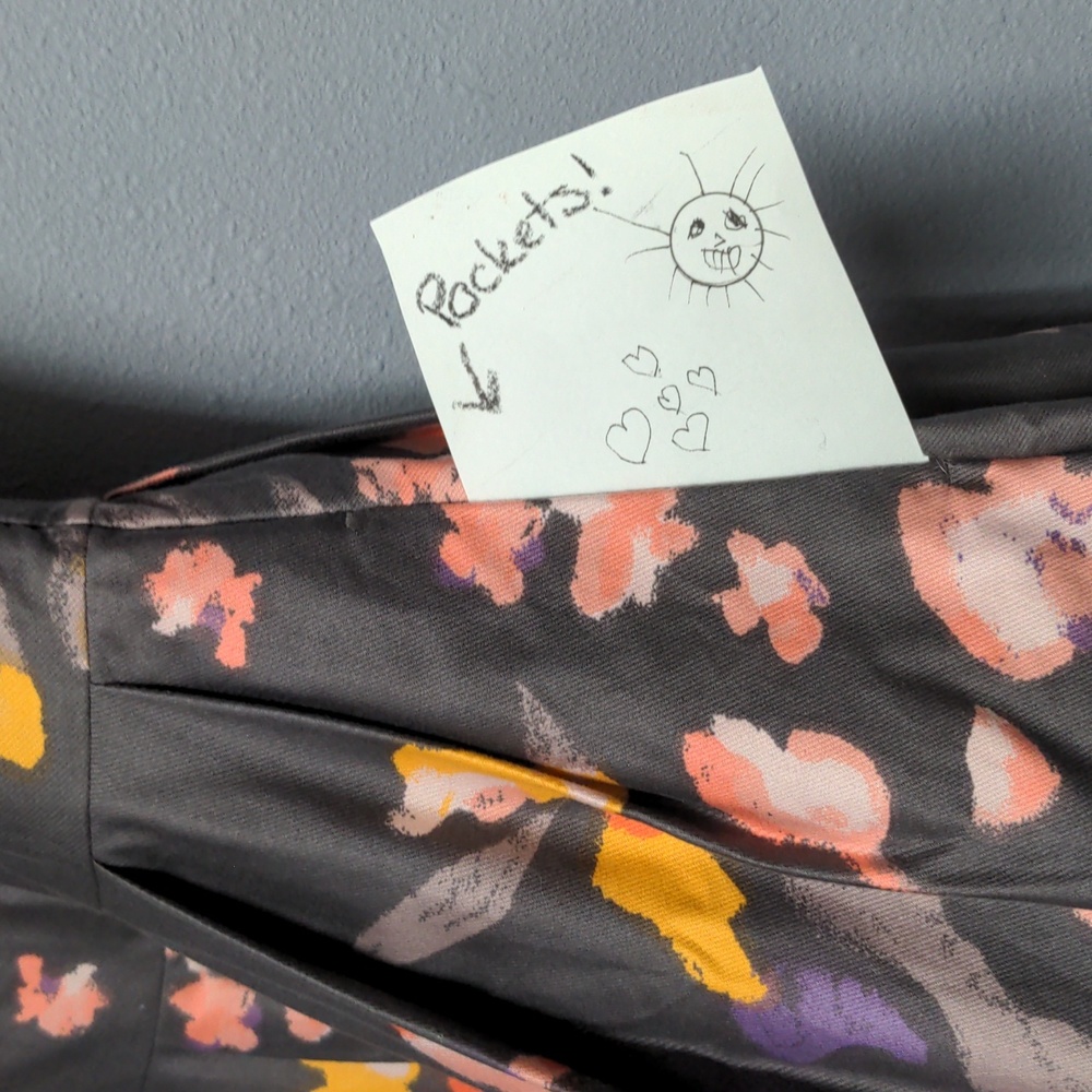 sz 6 Grey floral tea length dress sleeveless pockets fully lined hidden zipper - Picture 7 of 13